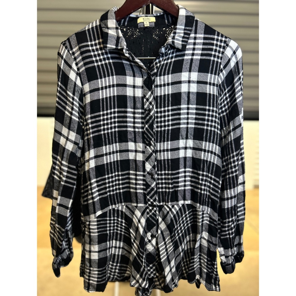 Kori America Top Womens S Black White Plaid Lace Back Peplum Button Down Shirt